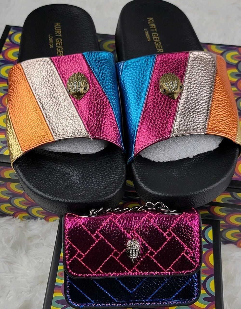 Women 8 Platform Slides Sandal Mini Designer Crossbody Bag Colorful Metallic Set